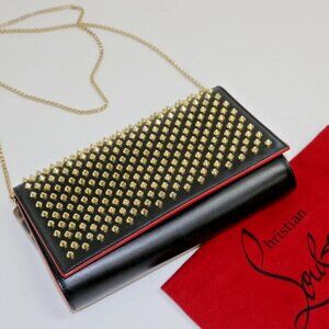 Christian Louboutin Clutch Patent Leopard Spikes Paloma Black Calfskin Leather